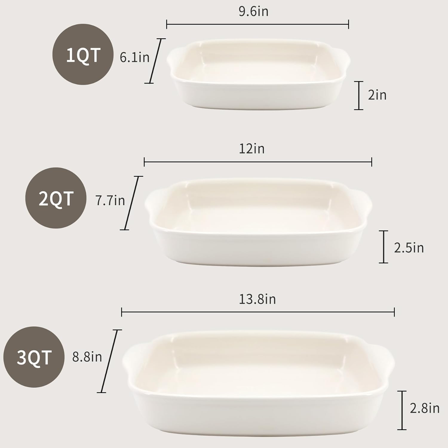 Skiennix 3-Pack Ceramic Baking Dishes Set - Heavy-Duty Oven-Safe Stoneware for Lasagna & Baking | High Heat Resistant, Handcrafted Glazed Finish (13.8''/12''/9.6'' Pure Off-White)