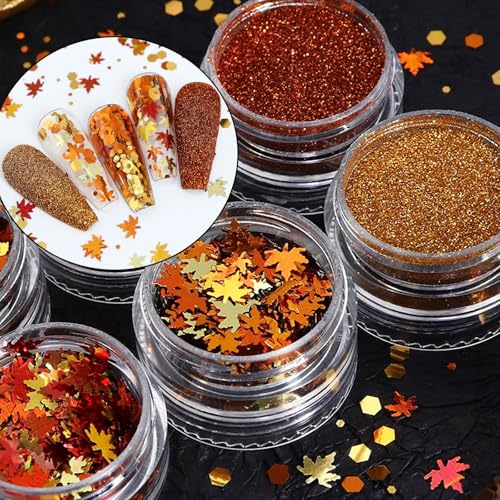Maple Leaf Nail Glitters Gold and Red Fall Sequins with Glitter Powder