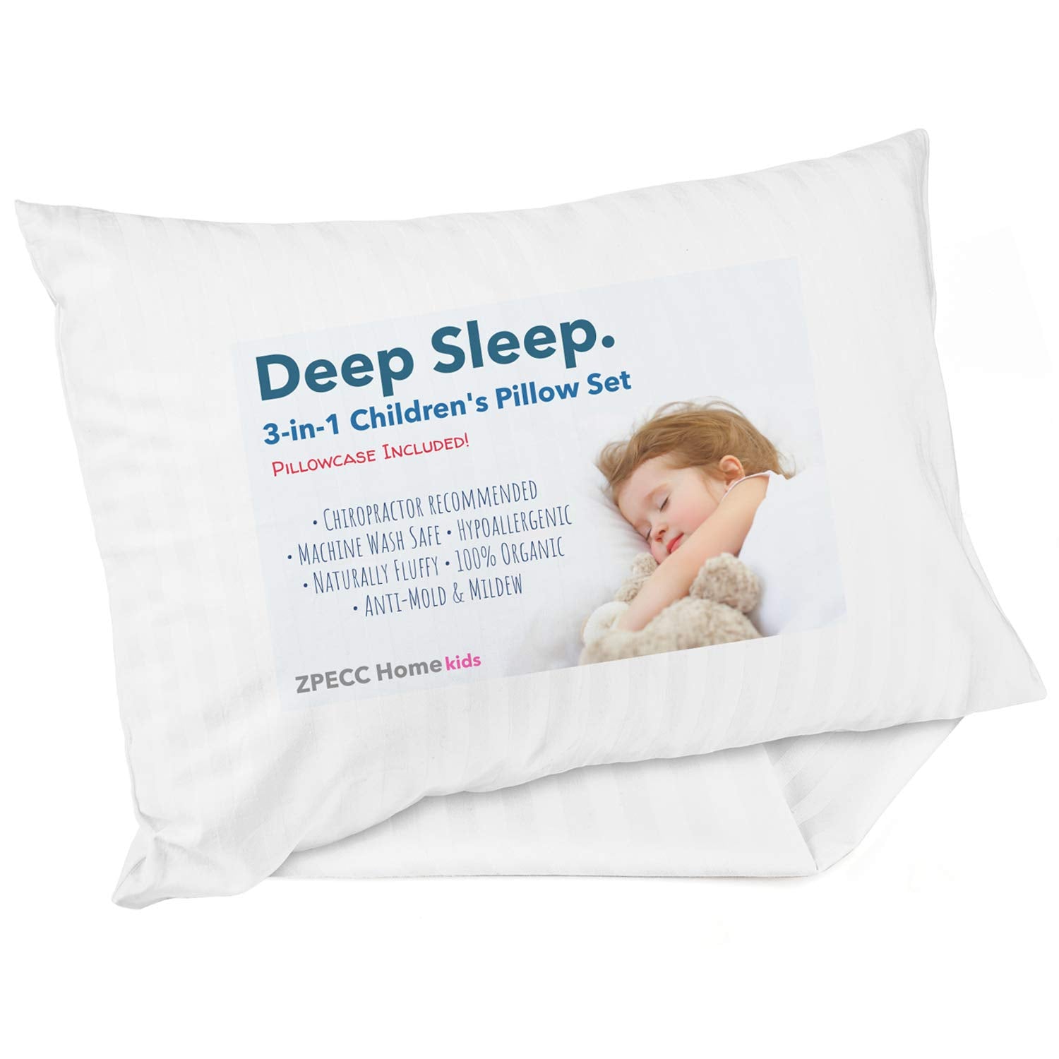ZPECC Toddler Pillow - Hypoallergenic Organic Cotton 13x18 Kids Pillow with Pillowcase | White Stripe
