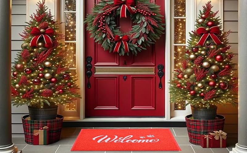 T.HENV 30x17.5 Waterproof Outdoor Christmas Door Mat - Red-White All-Season Welcome Rug