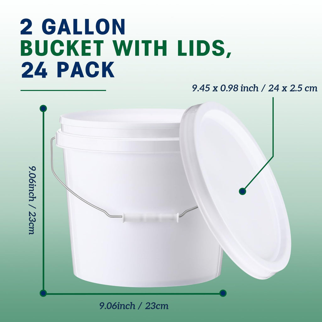 Tioncy 24pcs 2 Gallon Plastic Bucket with Lid Heavy Duty 2 Gallon Bucket Pail with Lid Handle for Storage Container Home Household Cleaning (White)