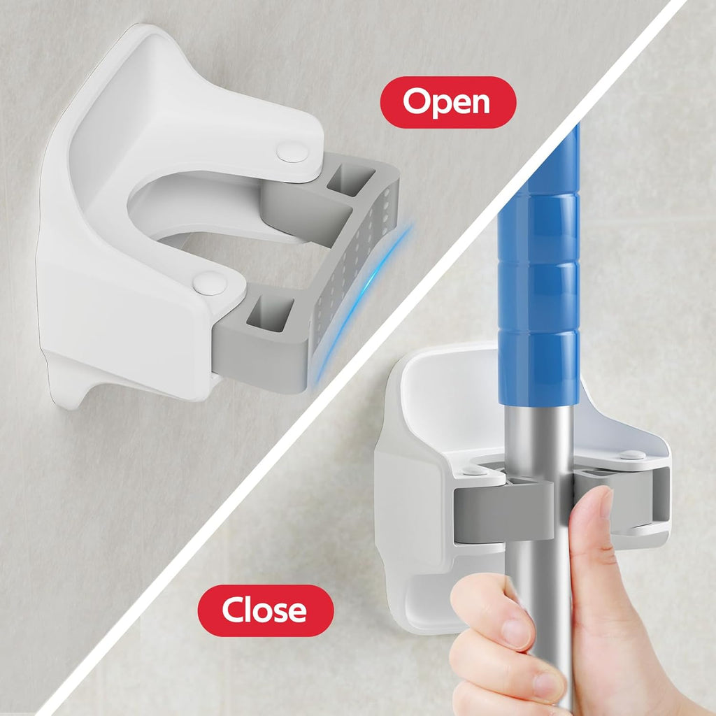Reliahom Broom Holder Wall Mount - No Drilling, Self-Adhesive Mop Grippers | 5 Pack, White Garage Organizer