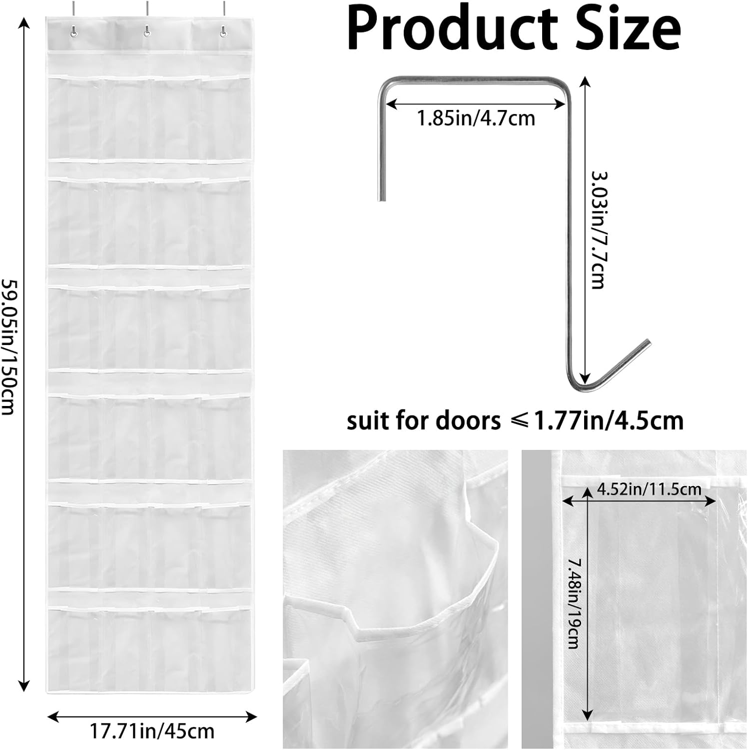 Skiennix 24-Pocket Over The Door Shoe Organizer - Large Hanging Rack with Mesh Pockets & 3 Hooks | White