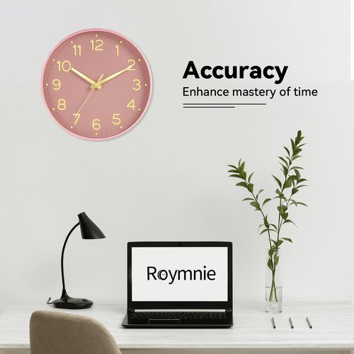Roymnie Silent Wall Clocks Battery Operated 8 Inch-Modern Non Ticking Analog Clock Decorative for Kitchen Office Bathroom Bedroom(Pink Gold)