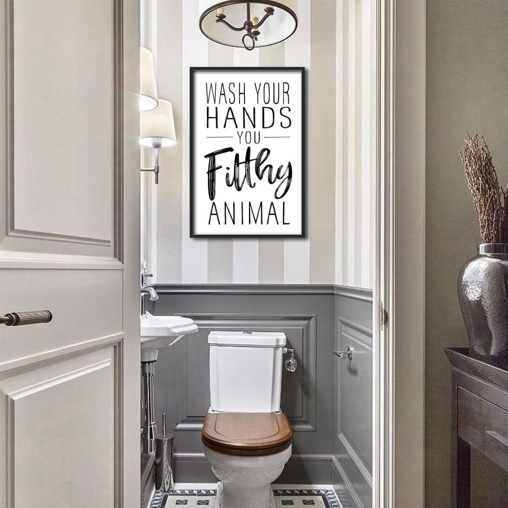 Skiennix Framed Black And White Bathroom Wall Art - Funny "Wash Your Hands" Poster | Modern Minimalist Canvas Print