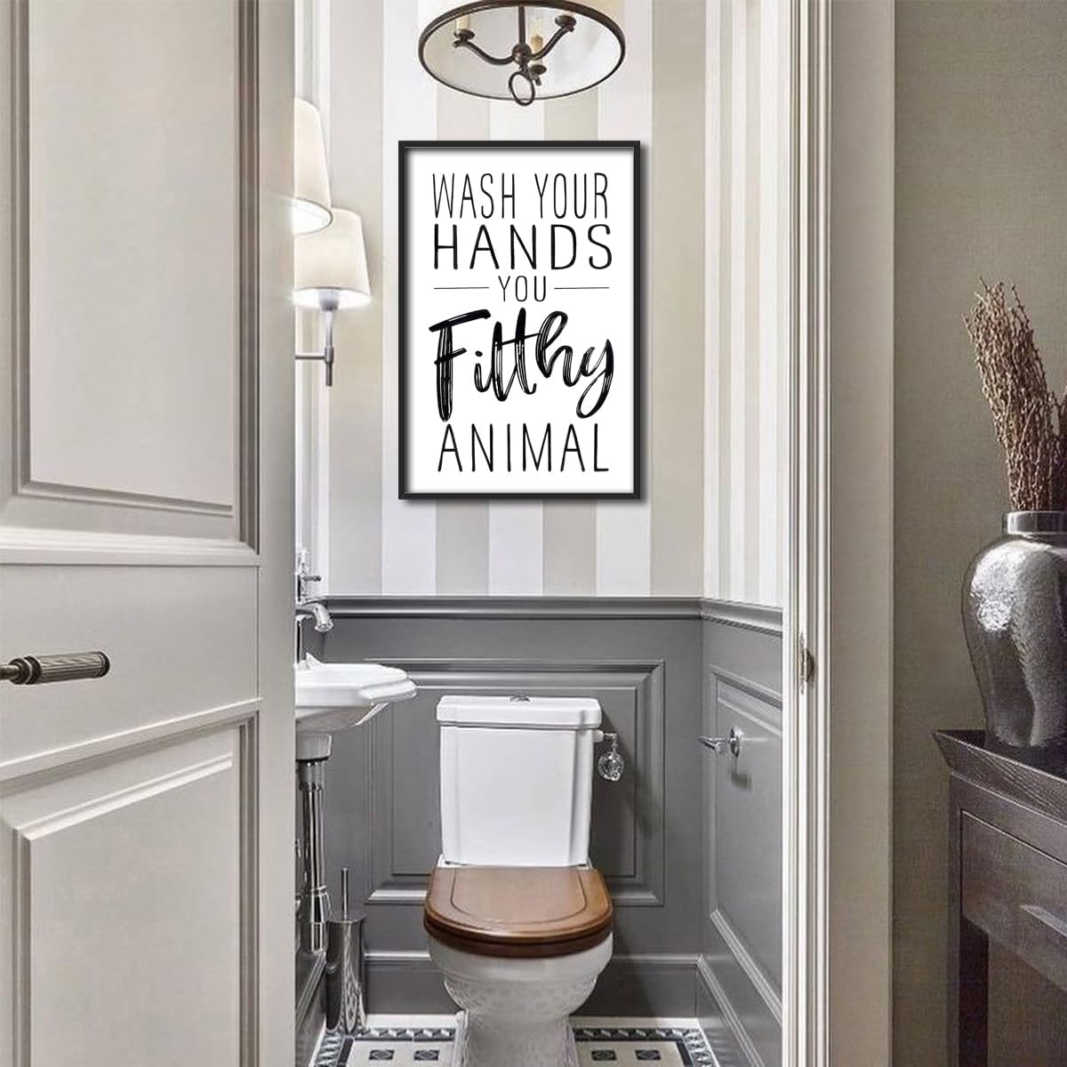 Skiennix Framed Black And White Bathroom Wall Art - Funny "Wash Your Hands" Poster | Modern Minimalist Canvas Print