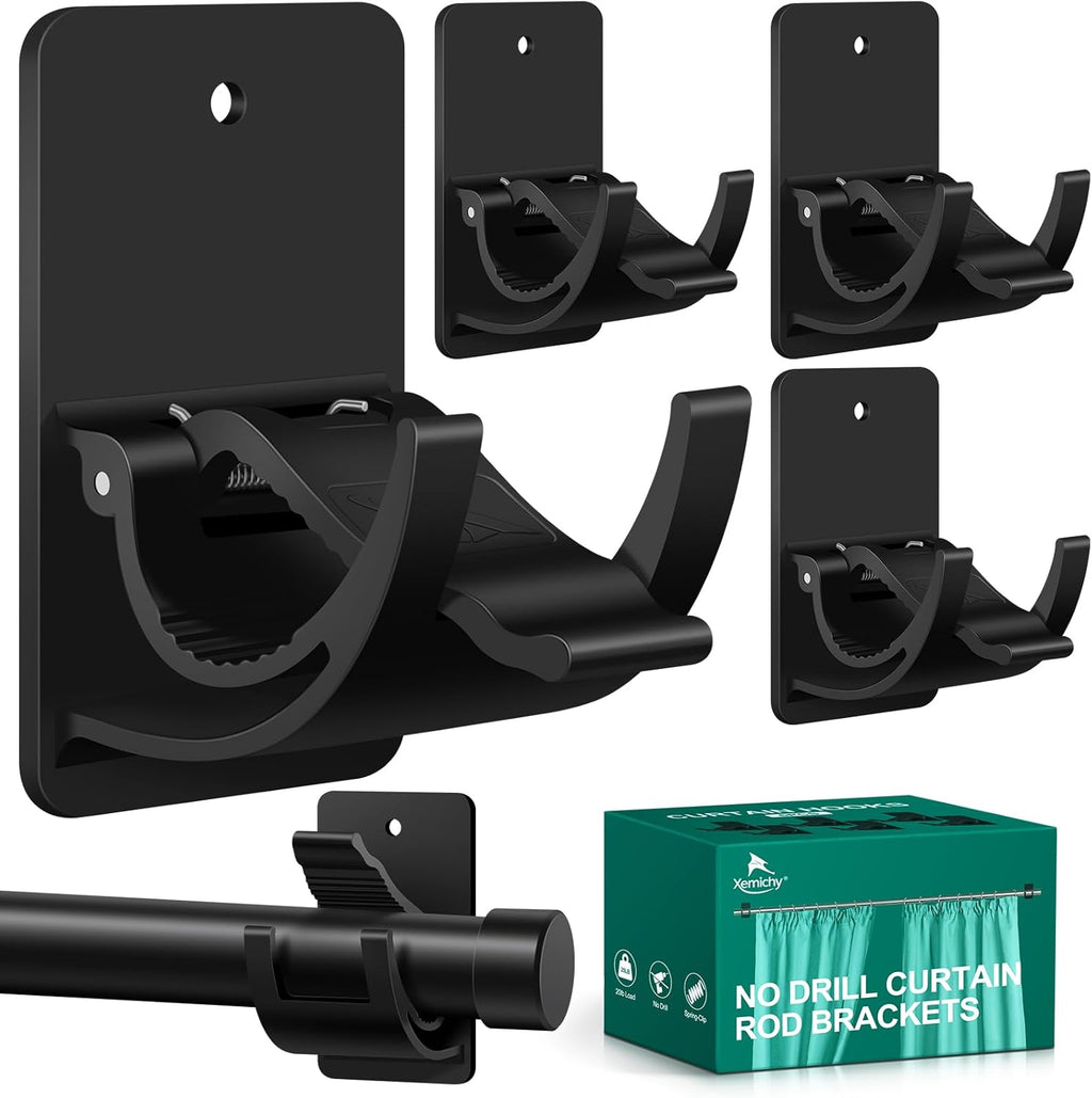 Skiennix No Drill Curtain Rod Brackets - 4 PCS Self Adhesive Hooks, 20lb Capacity | Rental Friendly for Home & Apartment