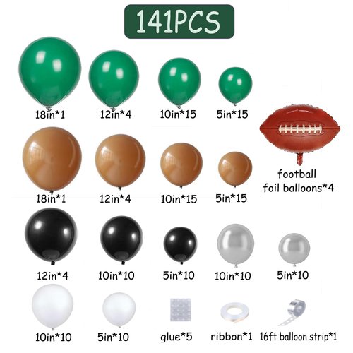 CboDeco Football Balloon Arch Kit, 141PCS Green Brown Black Balloons with Football Foil Balloons for Football Birthday Party Decorations, Touch Down Rugby Super Bowl Party Supplies
