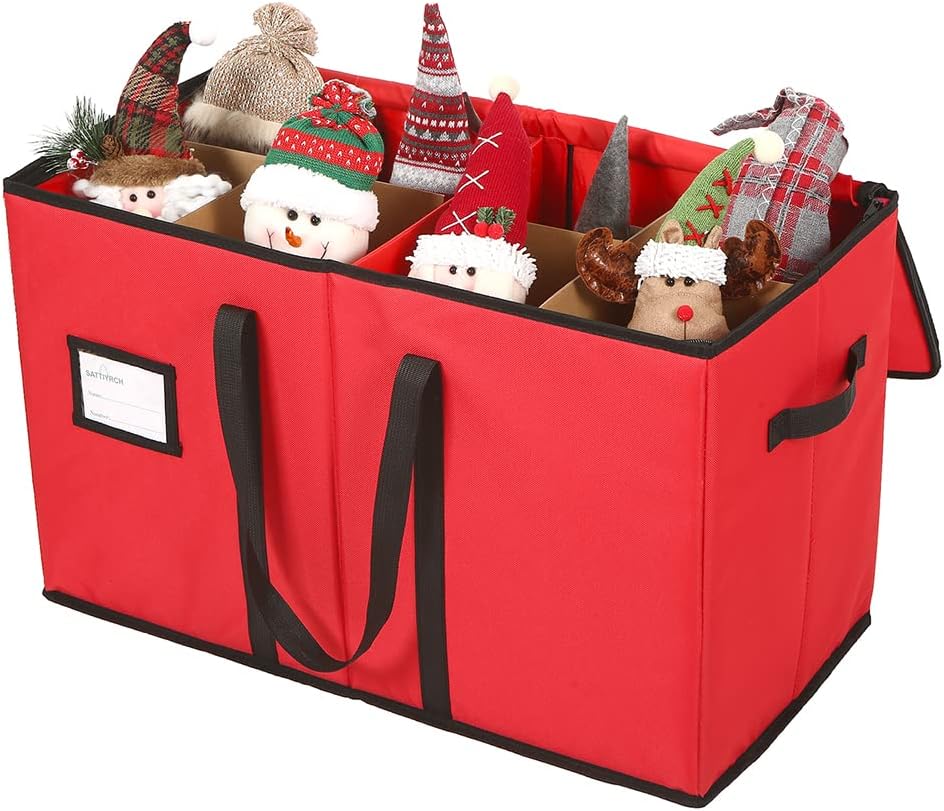 Sattiyrch Christmas Figurine Storage Box - 600D Canvas Nutcracker Container, 15 Inches, Adjustable Pockets for 8 Holiday Figurines