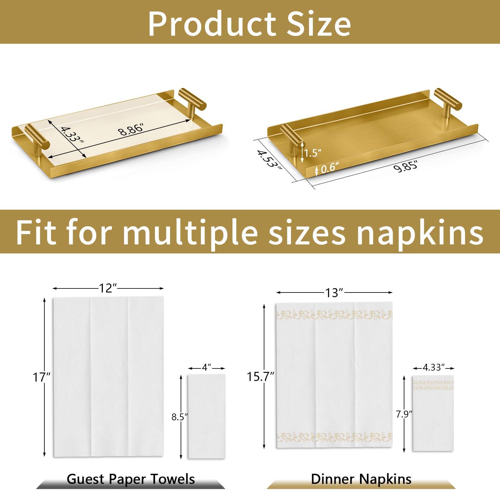 STWWO Napkin Holder for Bathroom, Guest Towel Holder Tray for Bathroom, Gold Guest Napkin Holders with T-Handle, Disposable Hand Towel Tray for Guest Room, Table, Kitchen