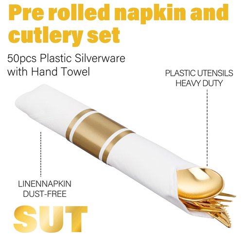 SUT 50 Pack Pre Rolled Silverware Set Disposable, 200pcs Gold Plastic Utensils Include 50 Forks, 50 Knives, 50 Spoons and 50 Napkins, Wrapped Plastic Cutlery Set With Napkin for Wedding