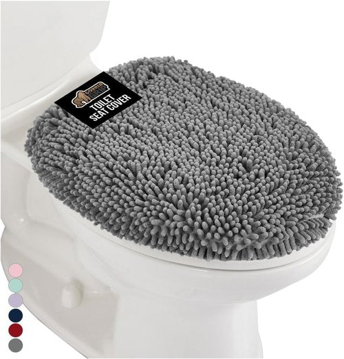 GORILLA GRIP Soft Chenille Toilet Lid Cover - Machine Washable, Non-Slip Rubber Backing, Grey, 19.5x18.5