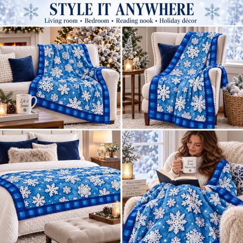 Snowflake Throw Blanket 60x80in Winter Christmas Blanket - Blue & White, Festive Holiday Decor