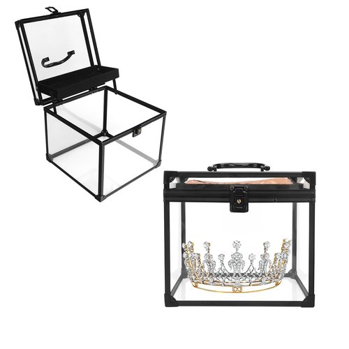 Donghome 9inches Wide Pageant Crown Box Tiara Carrying Case Extra Large with Sash Holder Clear Acrylic Display Case,Toiletry and Cosmetic Organizer (Black, 230 * 230 * 190mm)