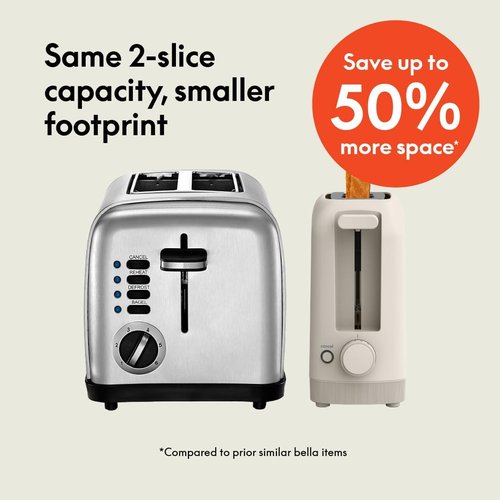 Bella 2 Slice Slim Toaster - 6 Shade Settings, Reheat & Cancel Buttons, 10” Long Slot, Oatmilk Color