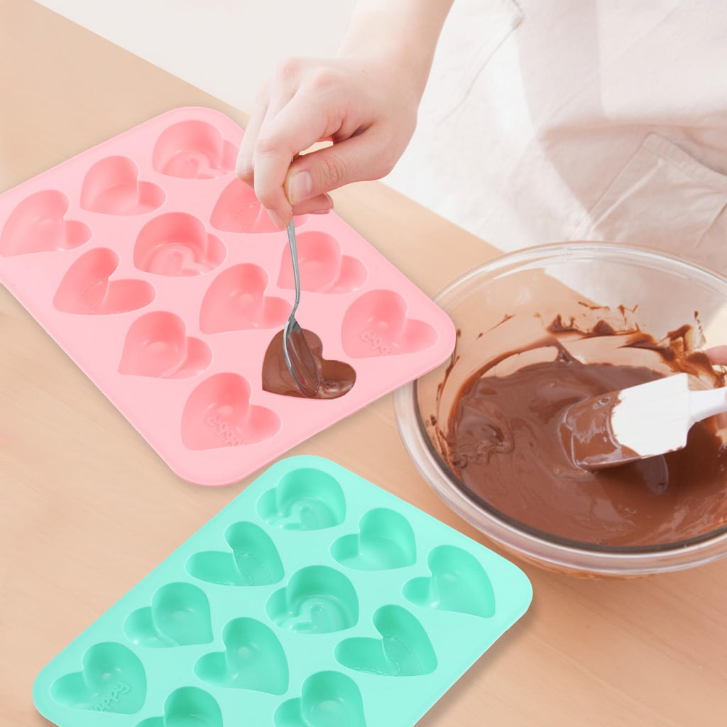 Qinyoung 3 Pcs Heart Shaped Silicone Molds Nonstick Heart Chocolate Muffin Molds for Ice Cube, Candy, Brownies, Jelly, Tartlets, Soaps, Pudding, Dessert Baking Making(Large,12 Holes,Pink,Blue,Green)