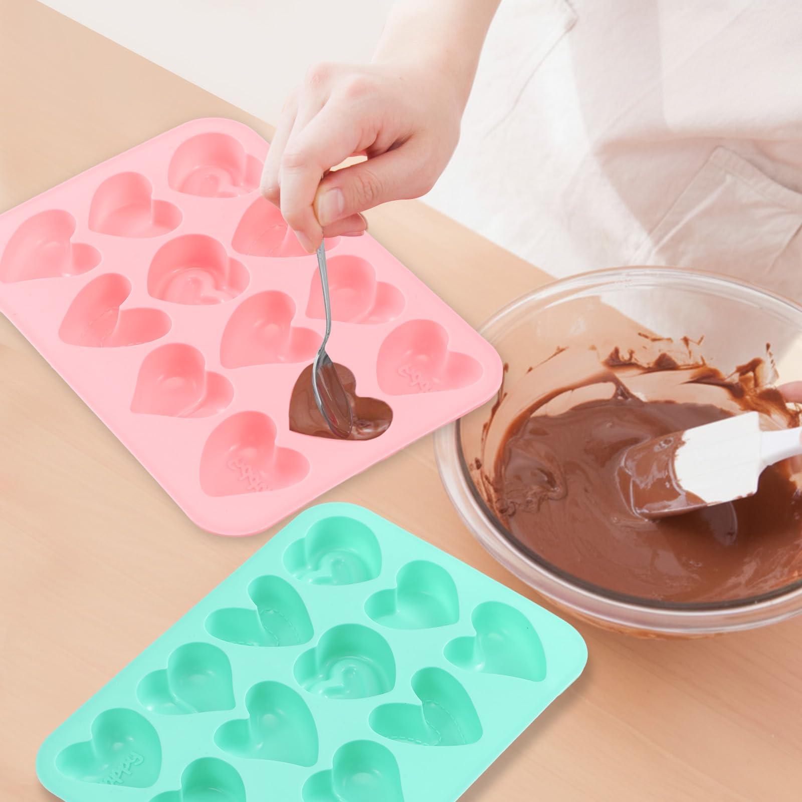 Qinyoung 3 Pcs Heart Shaped Silicone Molds Nonstick Heart Chocolate Muffin Molds for Ice Cube, Candy, Brownies, Jelly, Tartlets, Soaps, Pudding, Dessert Baking Making(Large,12 Holes,Pink,Blue,Green)