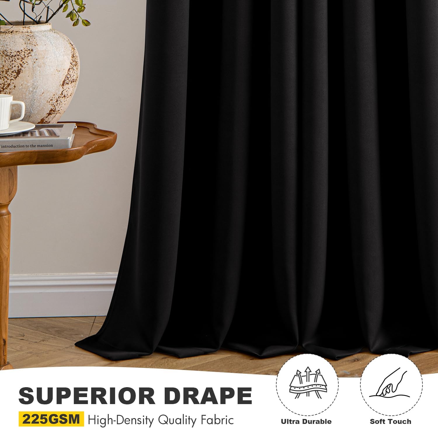 MIULEE Blackout Curtains - Thermal Insulated Room Darkening Drapes | 84-Inch, Solid Black, 2 Panels