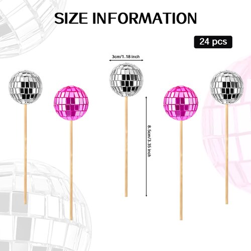 JOERSH 24pcs Disco Ball Cupcake Toppers - 1970s Disco Ball Picks Disco Theme Cake Decorations for Disco Theme Party 70s Disco Party Favor (Pink, Silver)