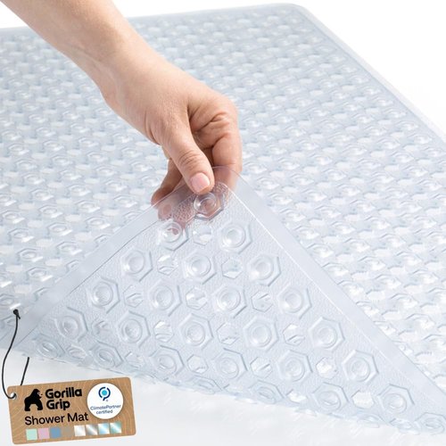 GORILLA GRIP Bath Tub Shower Mat - Machine Washable, Suction Cups & Drain Holes, 35x16 Inch, Clear