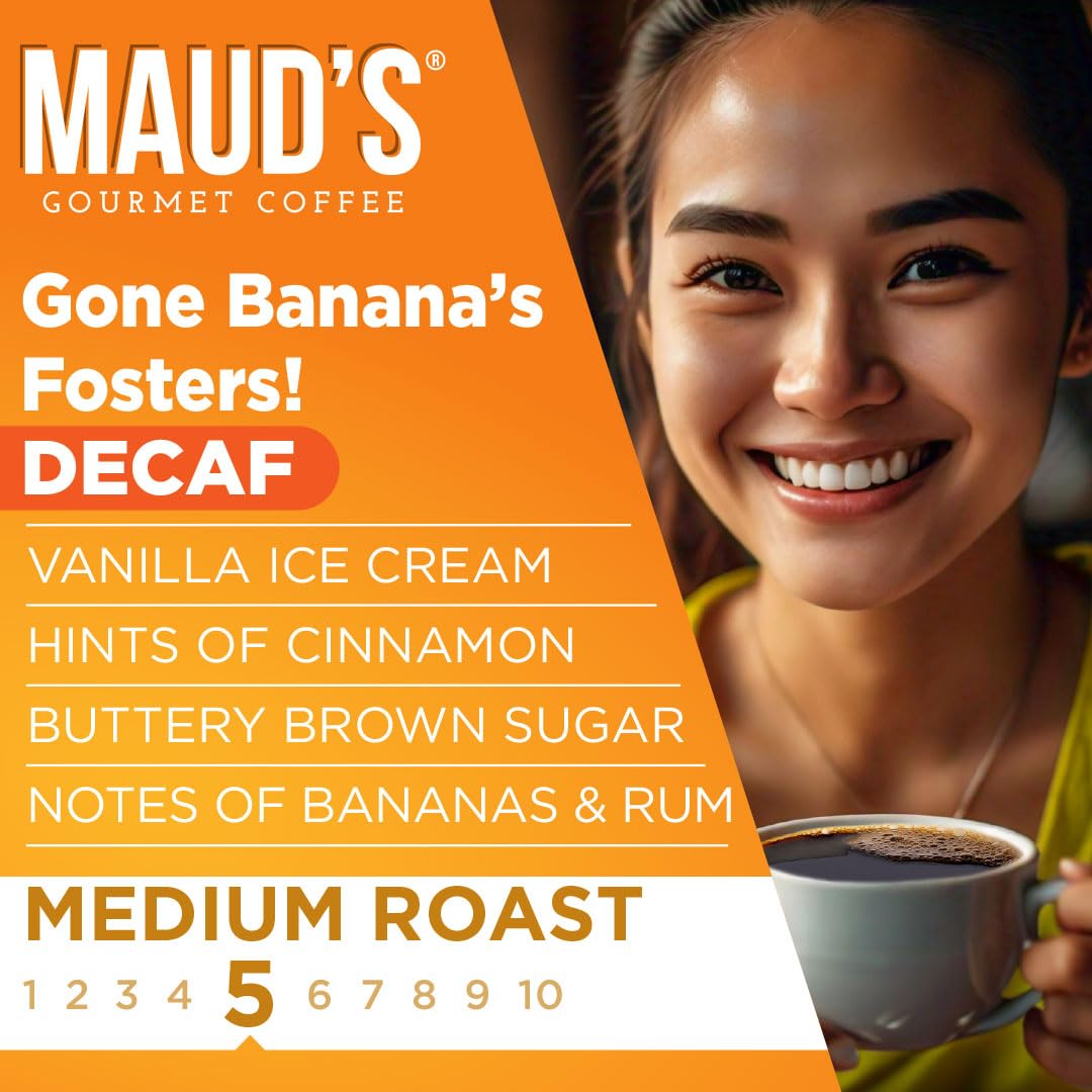 Maud's Decaf Banana Flavored Coffee Pods, 18 ct, Decaffeinated Medium Roast Flavored Coffee in Single Serve Pods – 100% Arabica Beans, Compatible with Keurig K Cups Maker