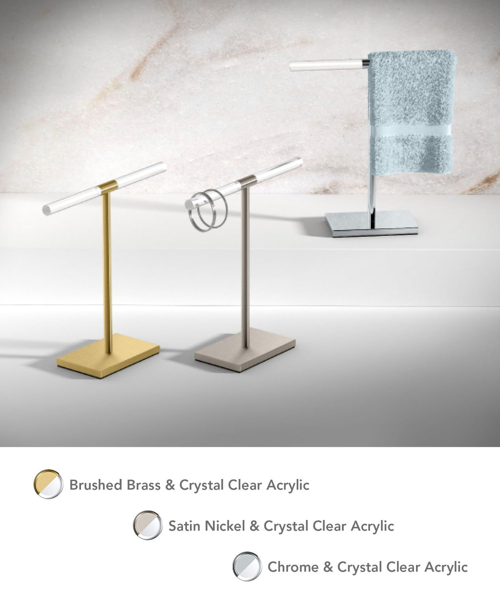 Gatco 1344B, Modern Rectangle Base Freestanding Countertop Towel Holder, Brushed Brass/Acrylic / 10.50" W x 11.13" H T-Shape Style Countertop Hand Towel Holder for Bathroom, Kitchen Towel Rack