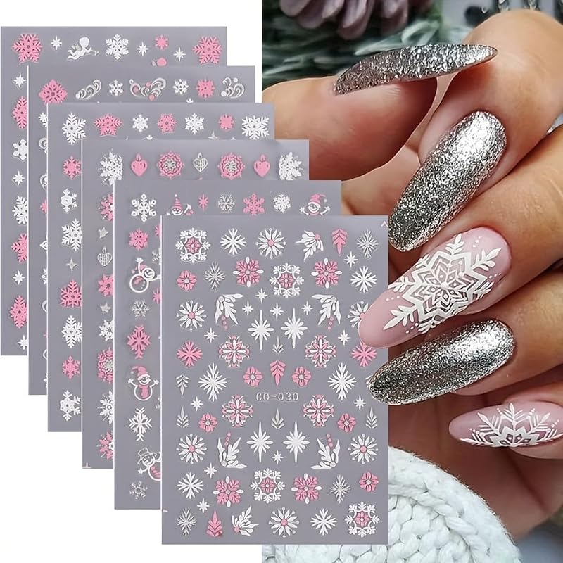 SWEET TREND 12pcs Christmas Nail Stickers - Matte Self-Adhesive Snowflake & Reindeer Holiday Manicure Decals