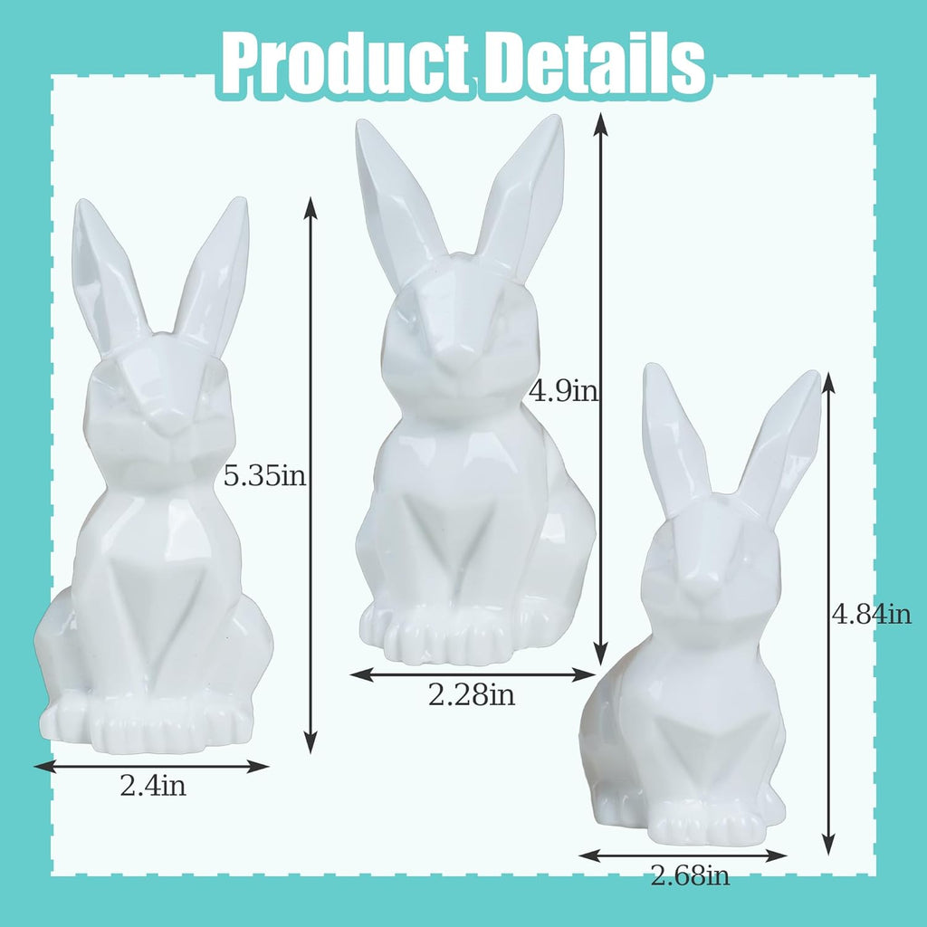Nerosun Easter Bunny Decorations - 3 Pack Ceramic White Rabbit Statues | Lighted Table Centerpiece for Spring Decor