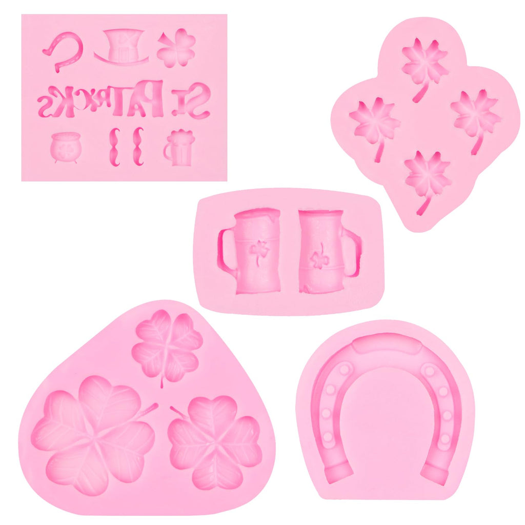 5Pcs St. Patrick's Day Silicone Molds, Shamrock Four-Leaf Clover Fondant Molds, Irish Hat Beard Beer Horseshoe Chocolate Baking Molds for Cake Decoration Cupcake Topper Candy Clay Resin