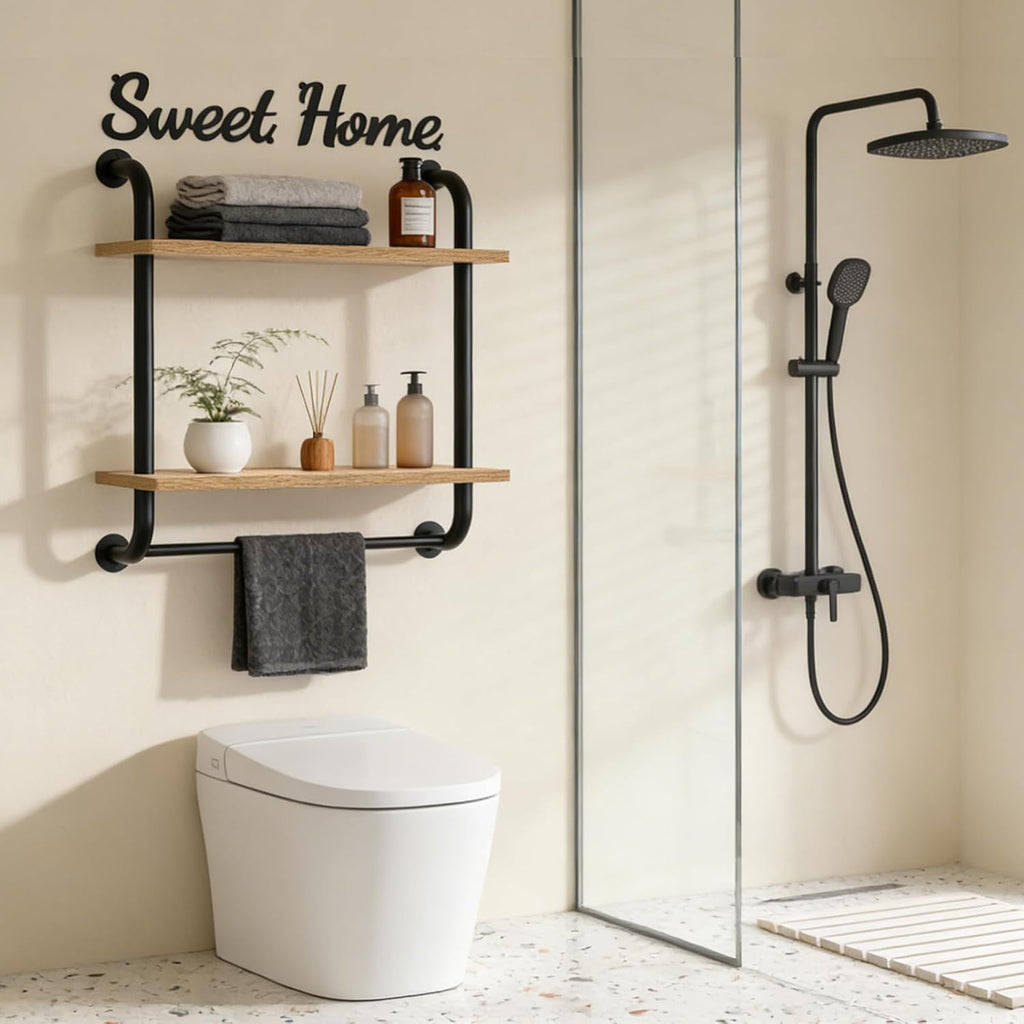 Tinpin Rustic Farmhouse Wall-Mounted Bathroom Shelves - 2-Tier Industrial Floating Shelf Decor | 17.3 Inch