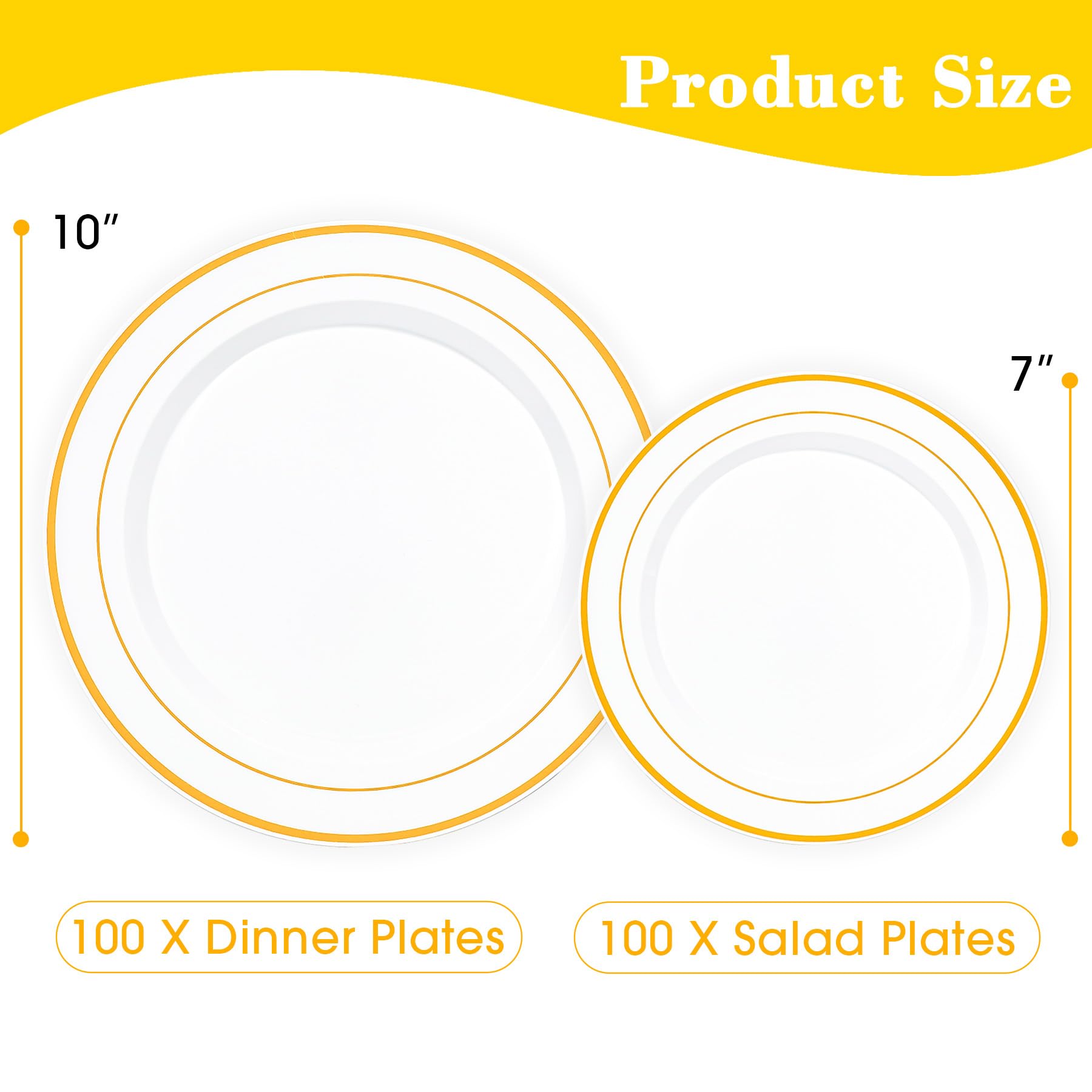 QualQuot 200PCS White Plastic Plates with Gold Rim, Disposable Heavy Duty Plastic Plate, 100 Dinner and 100 Dessert Plates for Party and Wedding