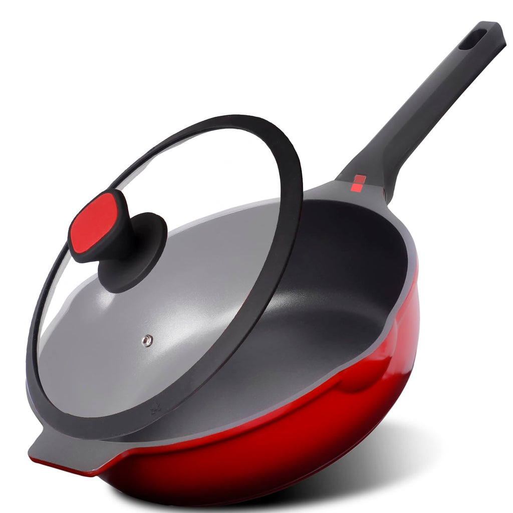 DIIG Nonstick Deep Frying Pan Skillet with Lid, 12 inch/ 5.5 QT Saute Pan with Silicone Lid, Sauce Cookware Cooking Chef Pans, Cast Aluminum Induction Compatible, Ruby Red