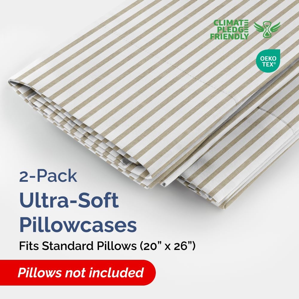 Standard Pillow Cases Set of 2 | Ultra-Soft Hotel Quality Covers - Comfy, Wrinkle-Free & Stain Resistant - Beige Stripes