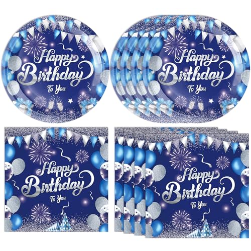 Navy Blue and Silver Birthday Party Tableware Set - Plates and Napkins