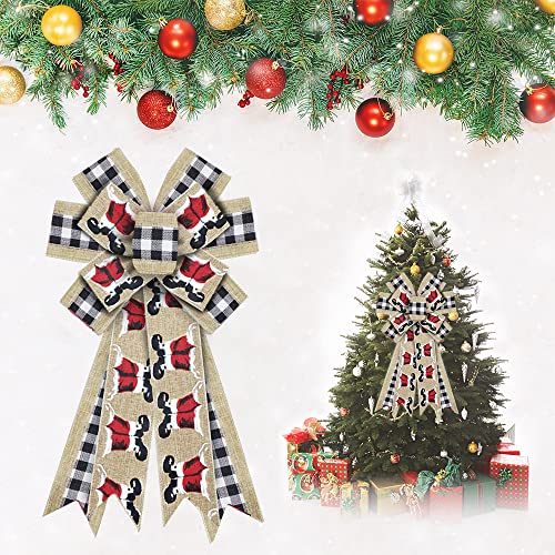 Large Christmas Wreath Bow Set with Black Buffalo Plaid and Burlap Santa Boots Variation