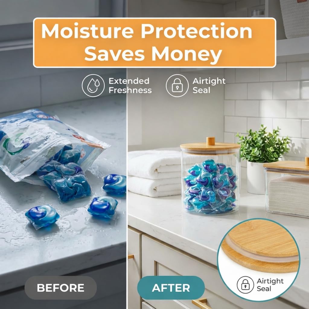 Just Peachy Home Laundry Pods Containers for Organizing Dryer Sheet Holder & Laundry Jars with Lids, Labels & Scoops - Acrylic Laundry Storage Containers for Powder, Pods, Detergent, Scent Booster
