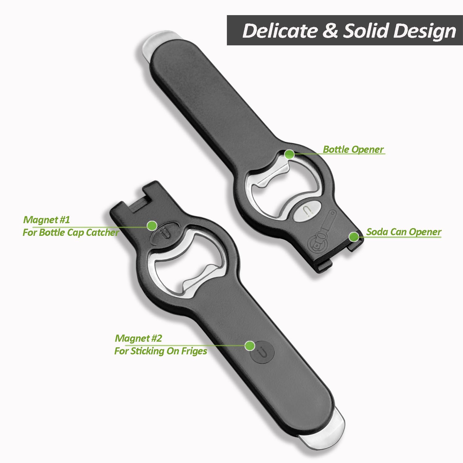2-in-1 Magnetic Soda Can & Beer Bottle Opener-Dual Magnets for Fridge & Cap Catcher, Heavy Duty Stainless Steel, Perfect for Big Hands,Long nails, RV, Bartender, Gift for Father, Black, Openpro 1 Pack