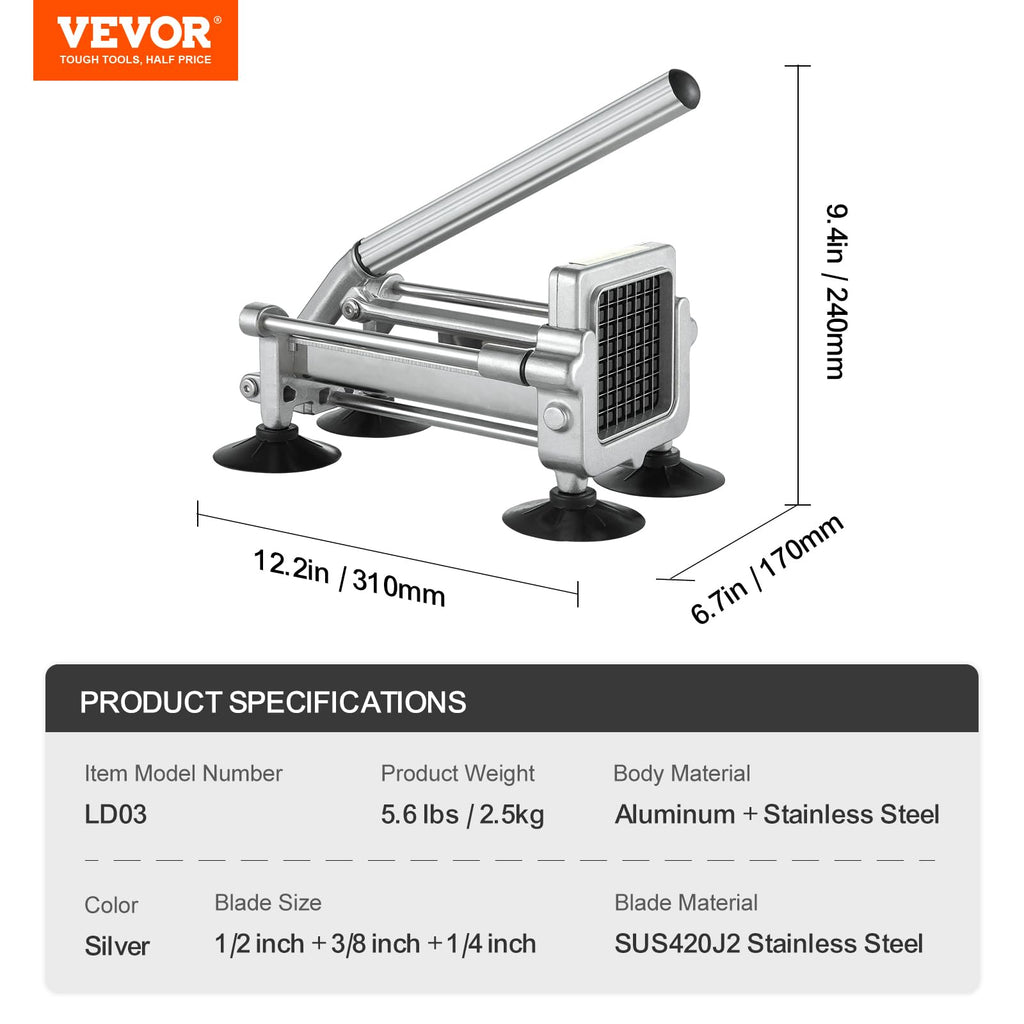 VEVOR French Fry Cutter, Potato Slicer with 1/2", "3/8", "1/4 Stainless Steel Blades, Manual Potato Cutter Chopper with Suction Cups, Great for Potato, French Fries, Cucumber, Vegetables, Carrot
