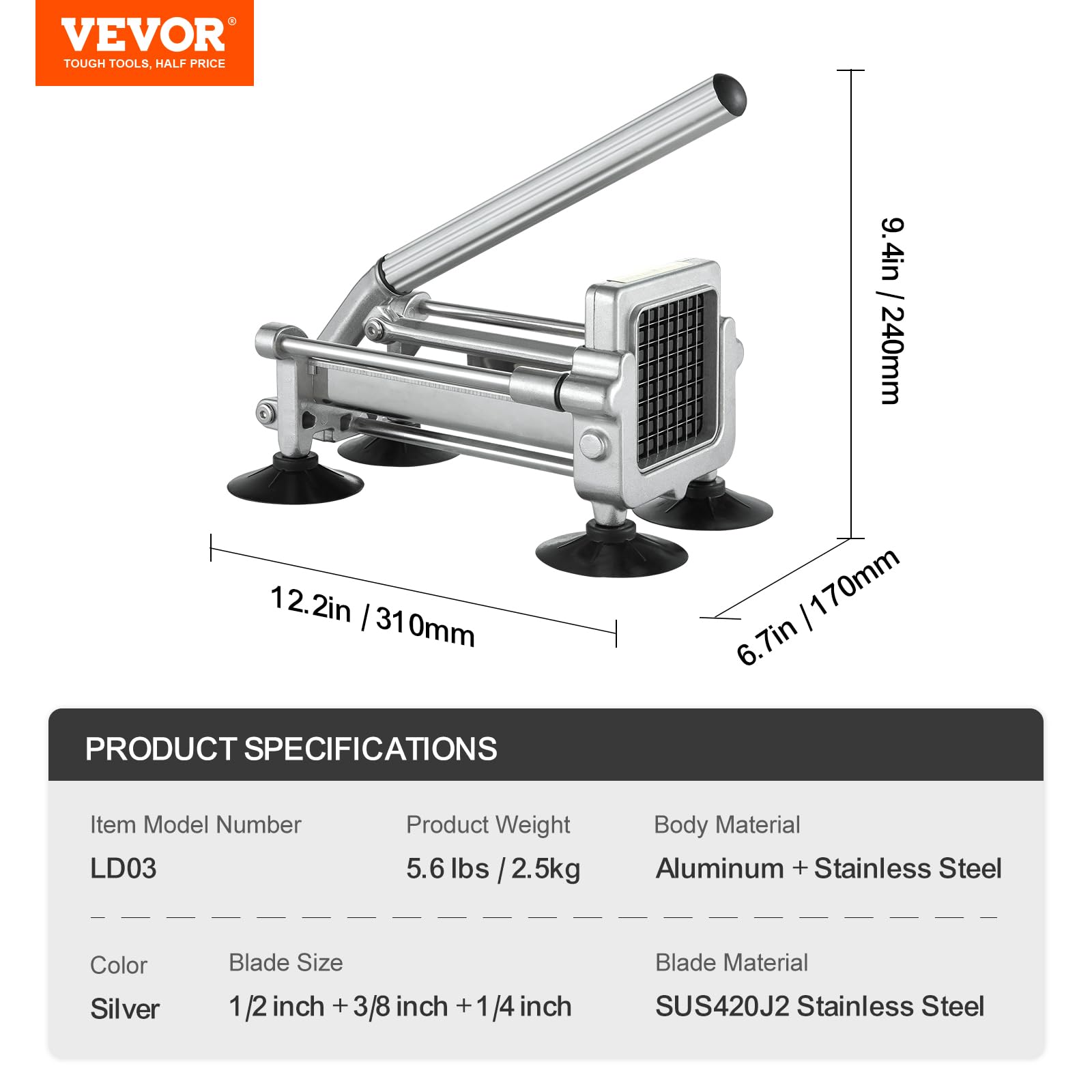 VEVOR French Fry Cutter, Potato Slicer with 1/2", "3/8", "1/4 Stainless Steel Blades, Manual Potato Cutter Chopper with Suction Cups, Great for Potato, French Fries, Cucumber, Vegetables, Carrot