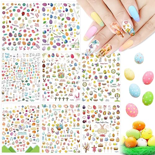 Kalolary 8 Sheet Easter Nail Art Stickers Self-Adhesive Bunny Decals