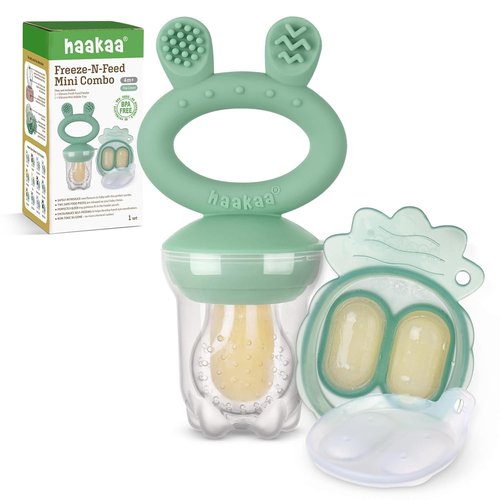 Haakaa Baby Fruit Feeder & Mini Freezer Nibble Tray Combo - BPA-Free Silicone for Safe Self-Feeding (Pea Green)