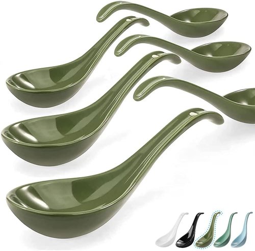 Artena 6.75-Inch Solid Asian Soup Spoon Set of 6 | Ultra-Fine Porcelain Ramen Spoons - Green