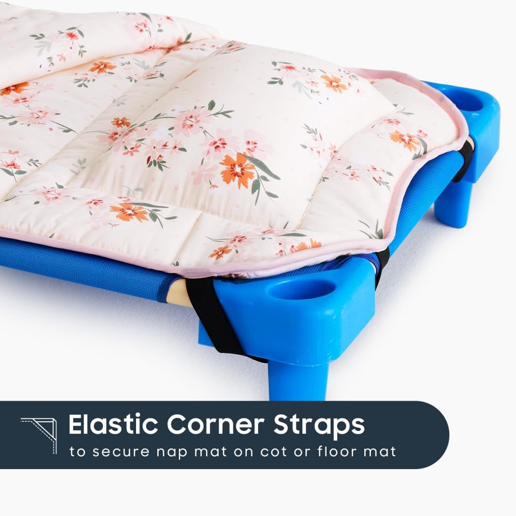 Wake In Cloud - Cot Nap Mat with Pillow and Blanket, 100% Cotton Fabric, for Toddler Kids Girls Ages 3 Plus in Daycare Kindergarten Preschool with Elastic Corner Straps, Floral Flowers, Light Pink