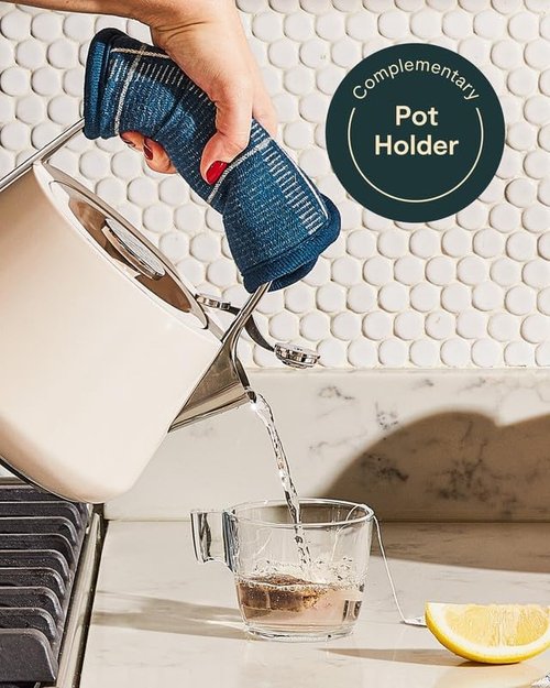 Caraway 2 Quart Whistling Tea Kettle - Durable Stainless Steel, Fast Boiling - Non-Toxic & PTFE Free - Cream