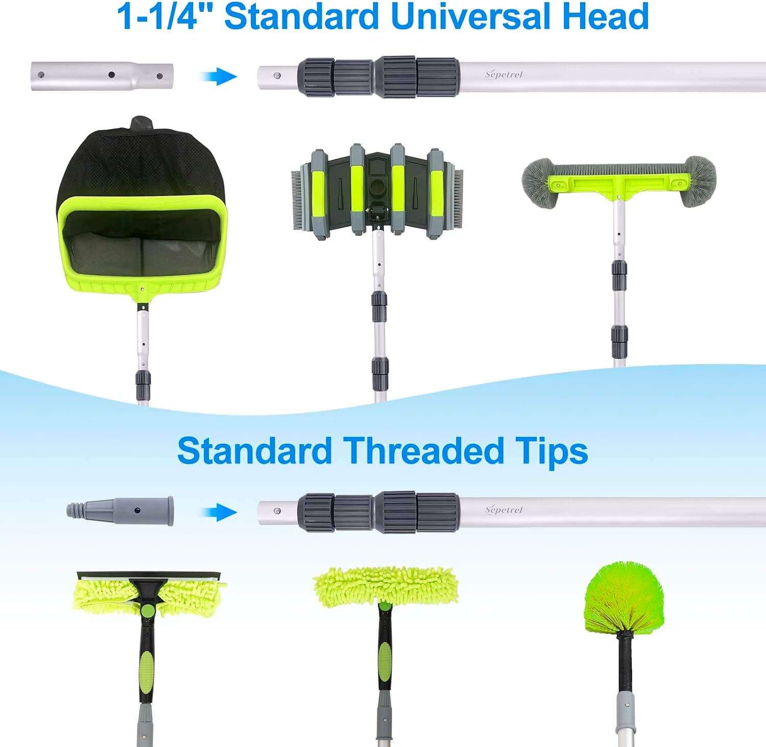 Sepetrel Professional 15-Foot Telescoping Pool Pole - Adjustable with Threaded Tips for Skimmer Net & Brush