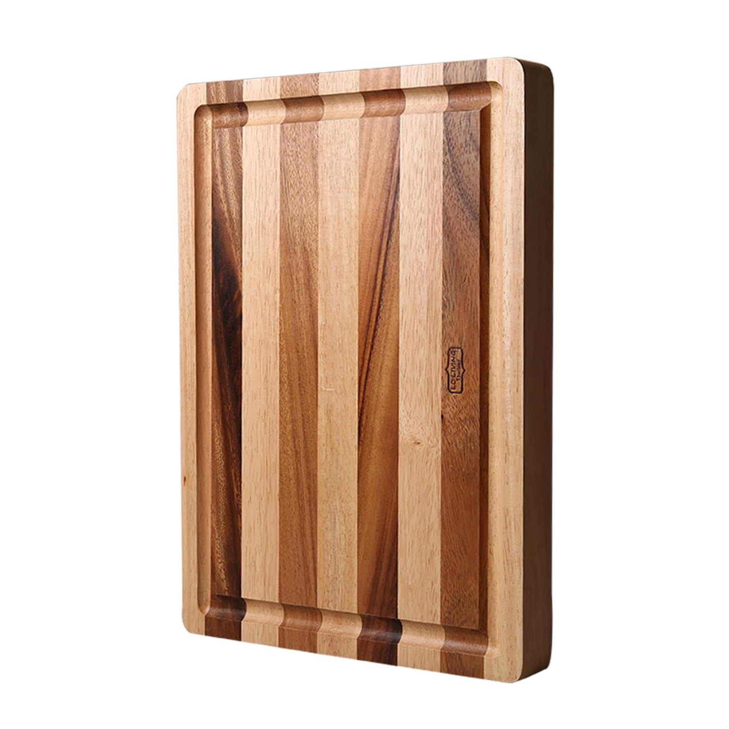 Thai End Grain Acacia Wood Striped Rectangular Butcher Board with Groove, best for chopping serving butcher board, prep station, kitchen deco, cheese, meat, bread, veggies & fruits, 19"x14"