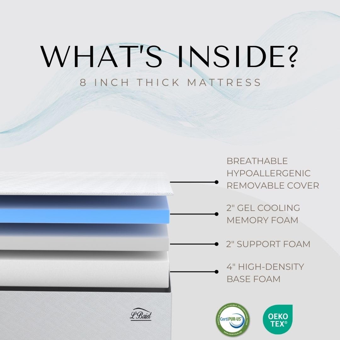 L’Baiet Twin Size Gel Memory Foam Mattress - 8 Inch Medium Firm with Cooling-Gel Comfort Technology
