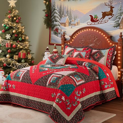 Christmas Queen Quilt Set - 100% Cotton Fill Bedding with Festive Floral Design, 90 x 98 Inches