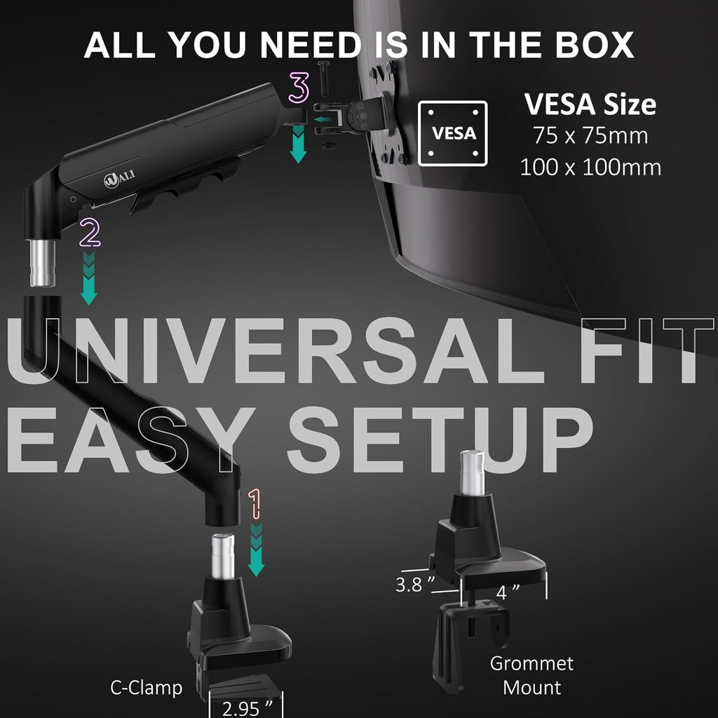 WALI Heavy Duty Single Monitor Arm - Adjustable Gas Spring Desk Mount for 17-49 Inch Screens | Black