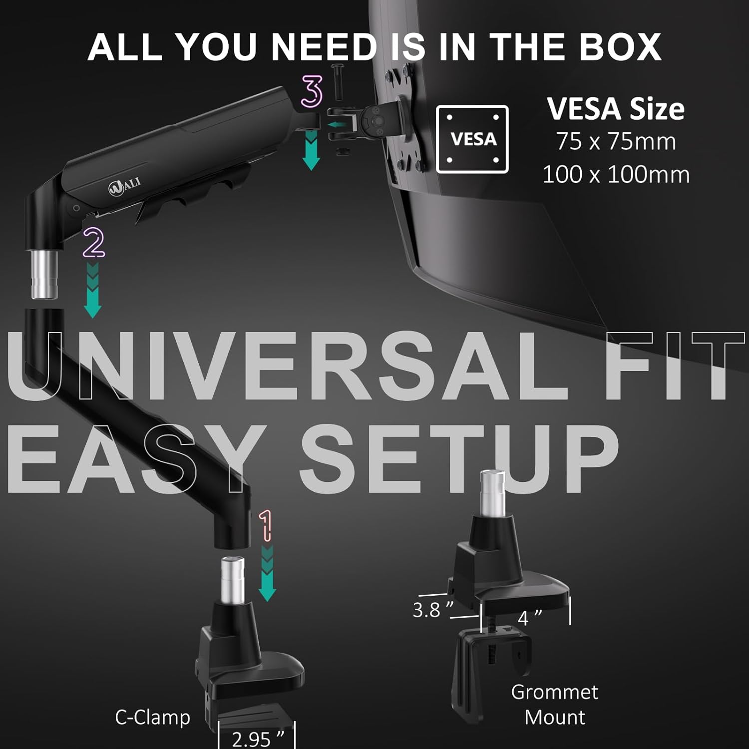 WALI Heavy Duty Single Monitor Arm - Adjustable Gas Spring Desk Mount for 17-49 Inch Screens | Black